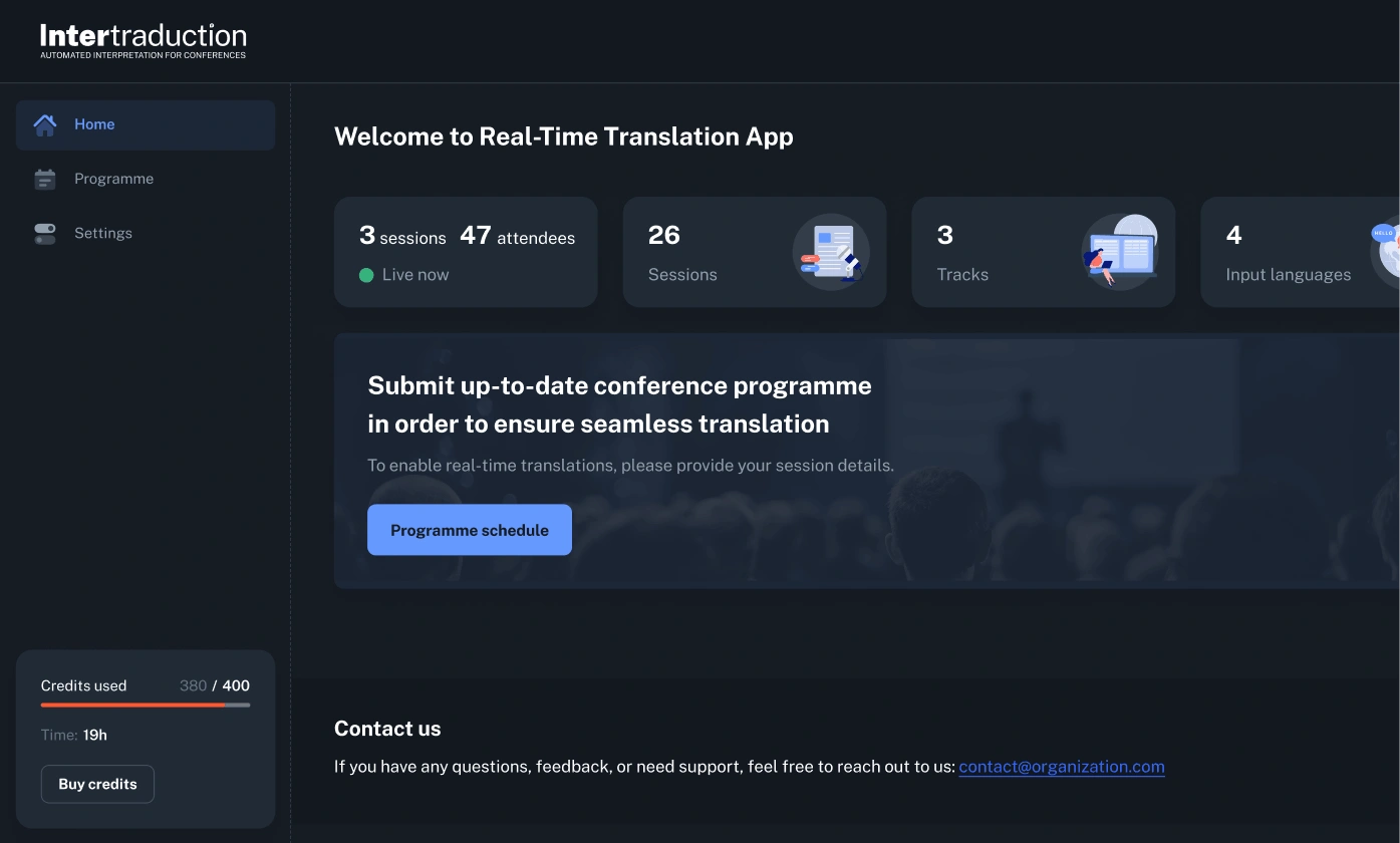 Sessions, active languages and live listener counts — per room