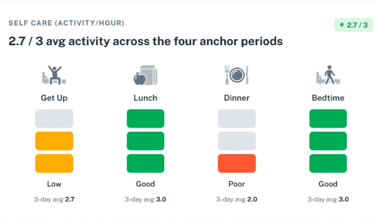 24-hour activity, daily absence, community time, repositioning and bed exits — explained in plain language