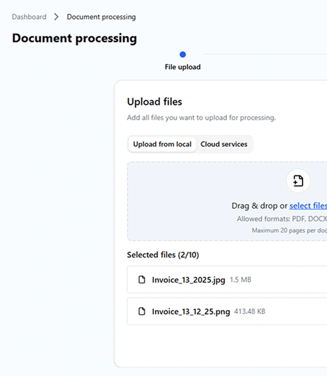 Drag, drop or connect cloud storage — supports PDF, DOCX, JPG and PNG