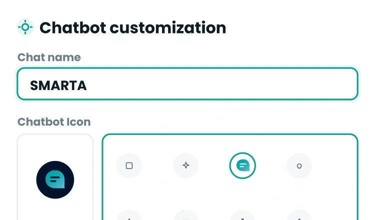 Name it, pick an icon and colors — preview the chat live.
