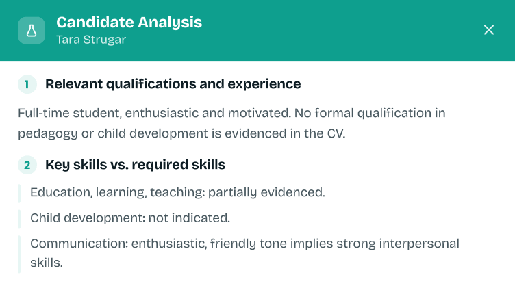 Qualifications, skill-by-skill match, strengths and gaps — per candidate.