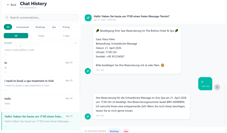 Every conversation, searchable — with detected intents and resolution rate.
