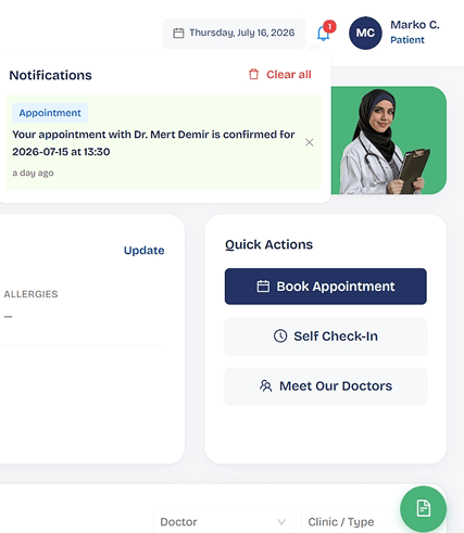 Booking, self check-in, complete documentation — tied to a Global Patient ID