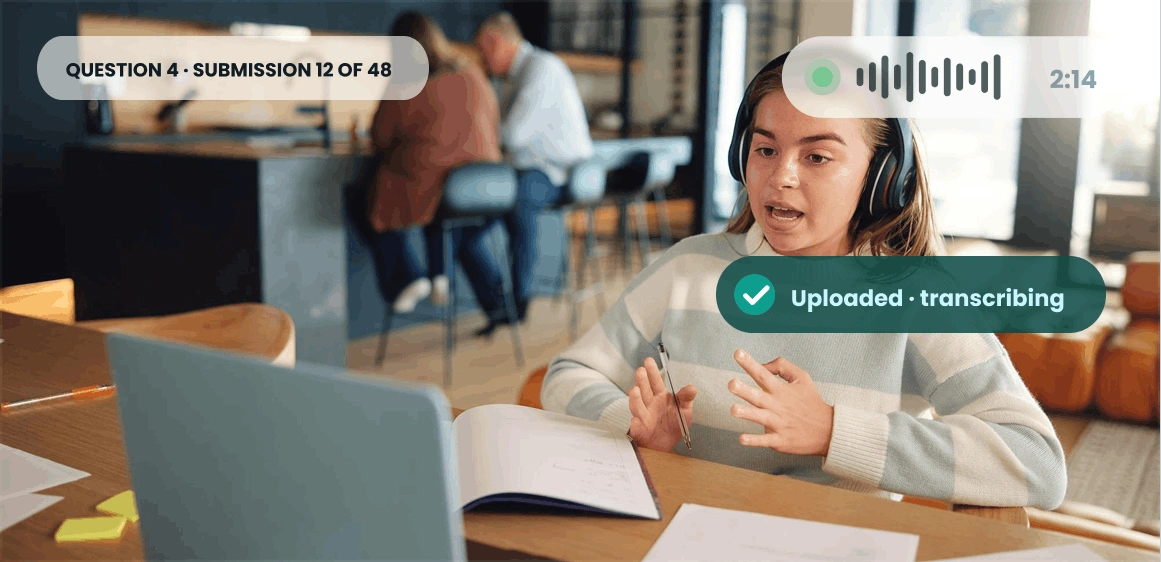 A student records a spoken answer from wherever they are studying