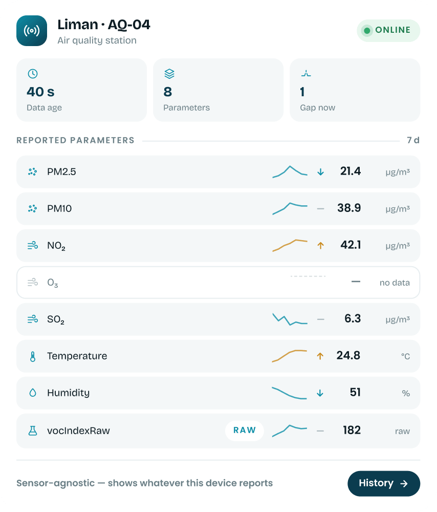 Whatever the device actually reports — current values, units, freshness and true gaps.