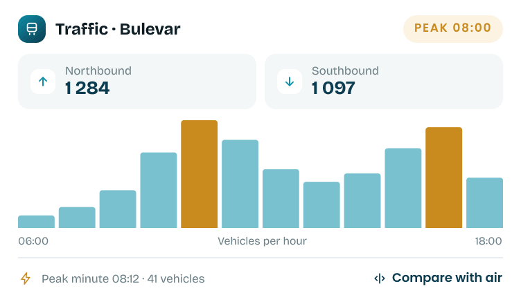 Counts by direction, peak hour and peak minute.