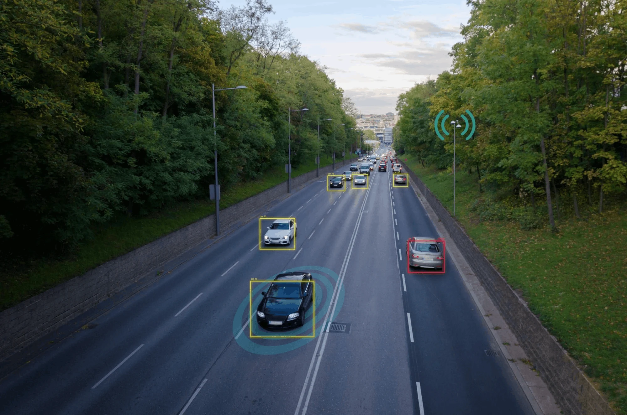 A monitored corridor, vehicles detected in real time